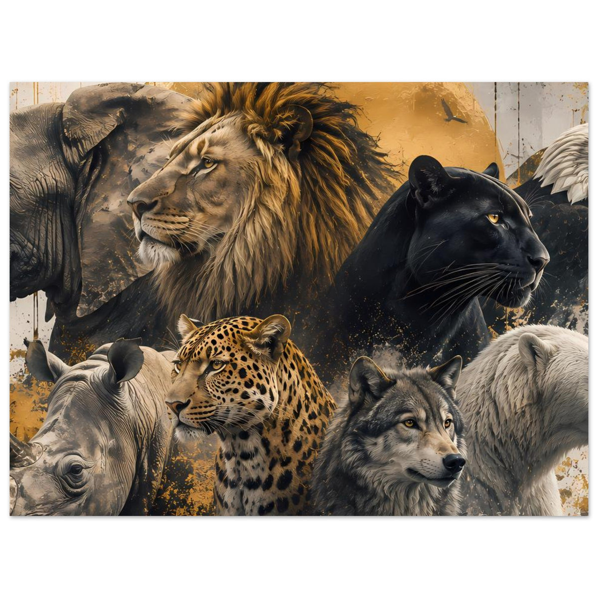 Wildtiere-Poster mit Löwe, Panther, Leopard, Wolf und Elefant, mittige Darstellung