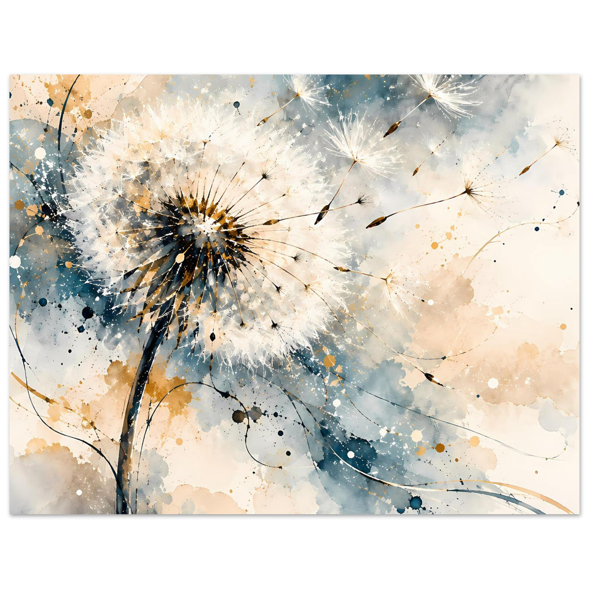 Breites Kunstposter mit Pusteblumen und goldenen Spritzern, Blau- und Goldtöne