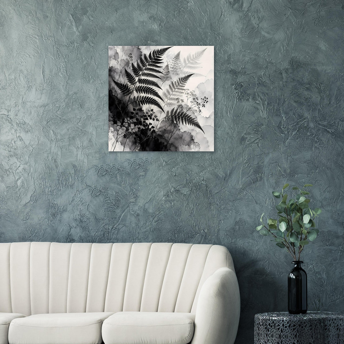 Quadratisches Kunstposter in Schwarz-Weiß mit Farnwedeln und floralen Mustern