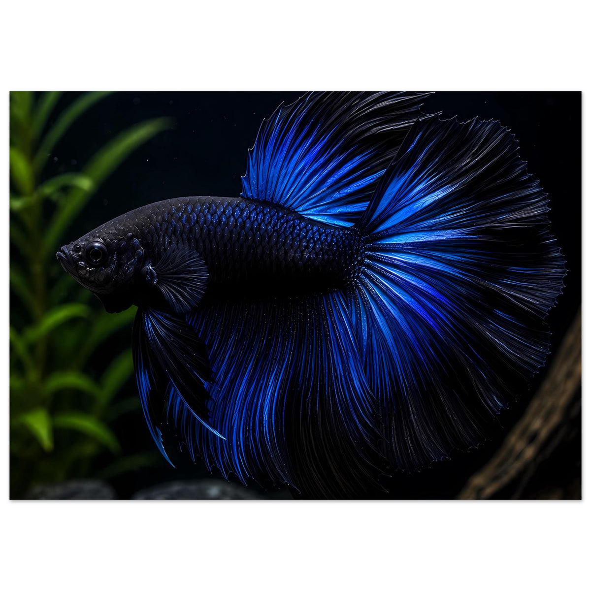 Poster mit blauem Betta-Kampffisch, Kopf links und Flossenschweif mit blauen Strahlen