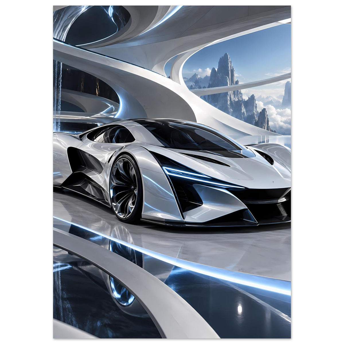 Futuristisches Auto-Poster: silberner Supersportwagen, schwarze Kühlerpartie, blaue Scheinwerfer