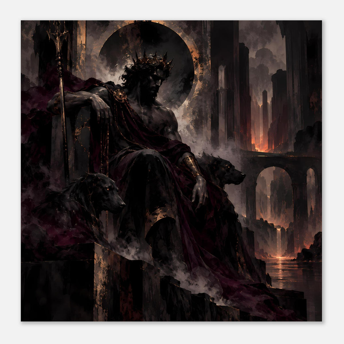 Dark-Fantasy-Poster im Querformat mit Ritter, Mond im Kreis und Kerzenschein am Fluss