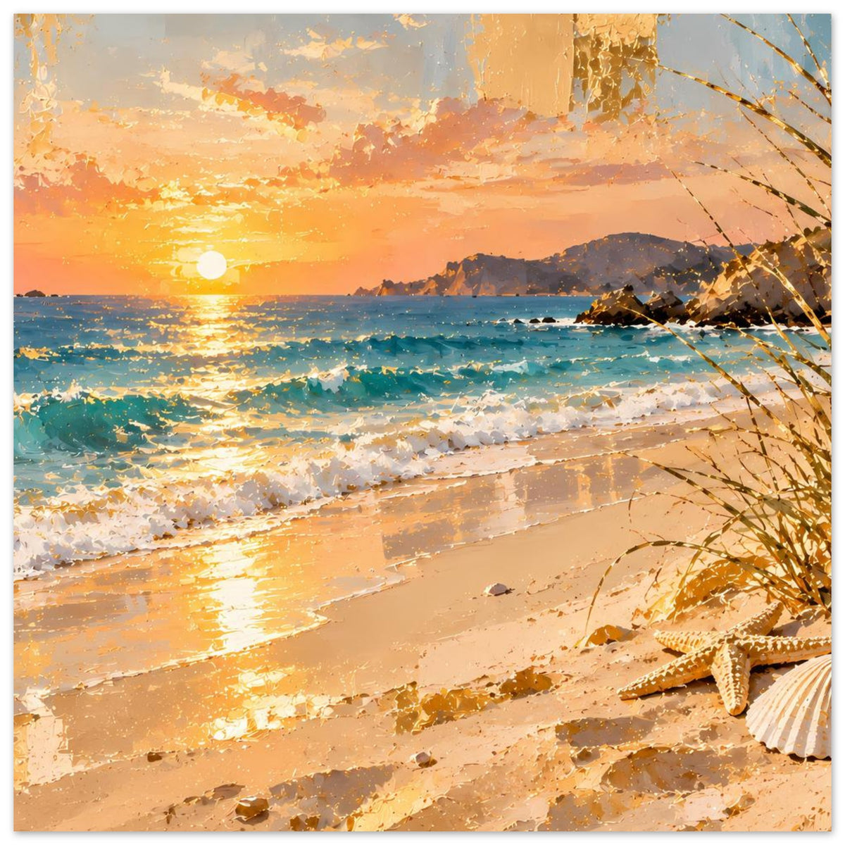 Horizontales Strandposter: Sonnenuntergang, Sonnenreflex auf Wellen, Zweige rechts im Bild