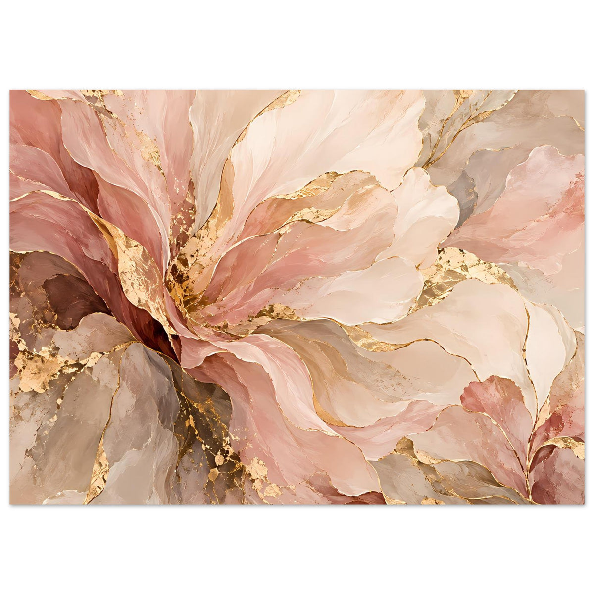 Querformat-Poster mit abstrakter Blütenblume in Rosa, Beige und Gold