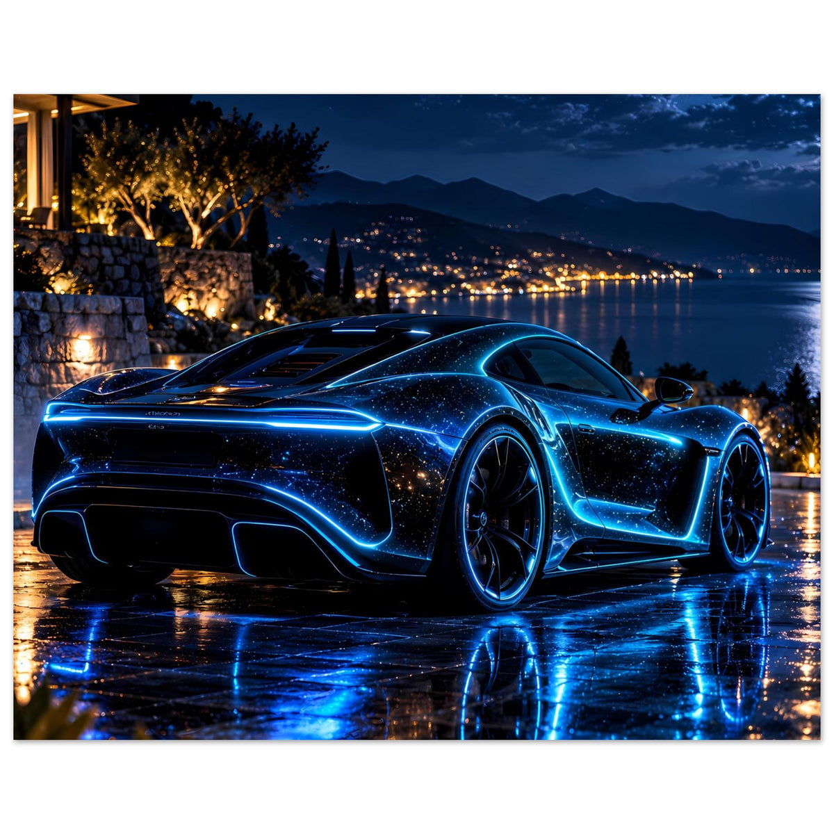 Neon-blaues Poster: Sportwagen bei Nacht mit leuchtenden Konturen und Spiegelung