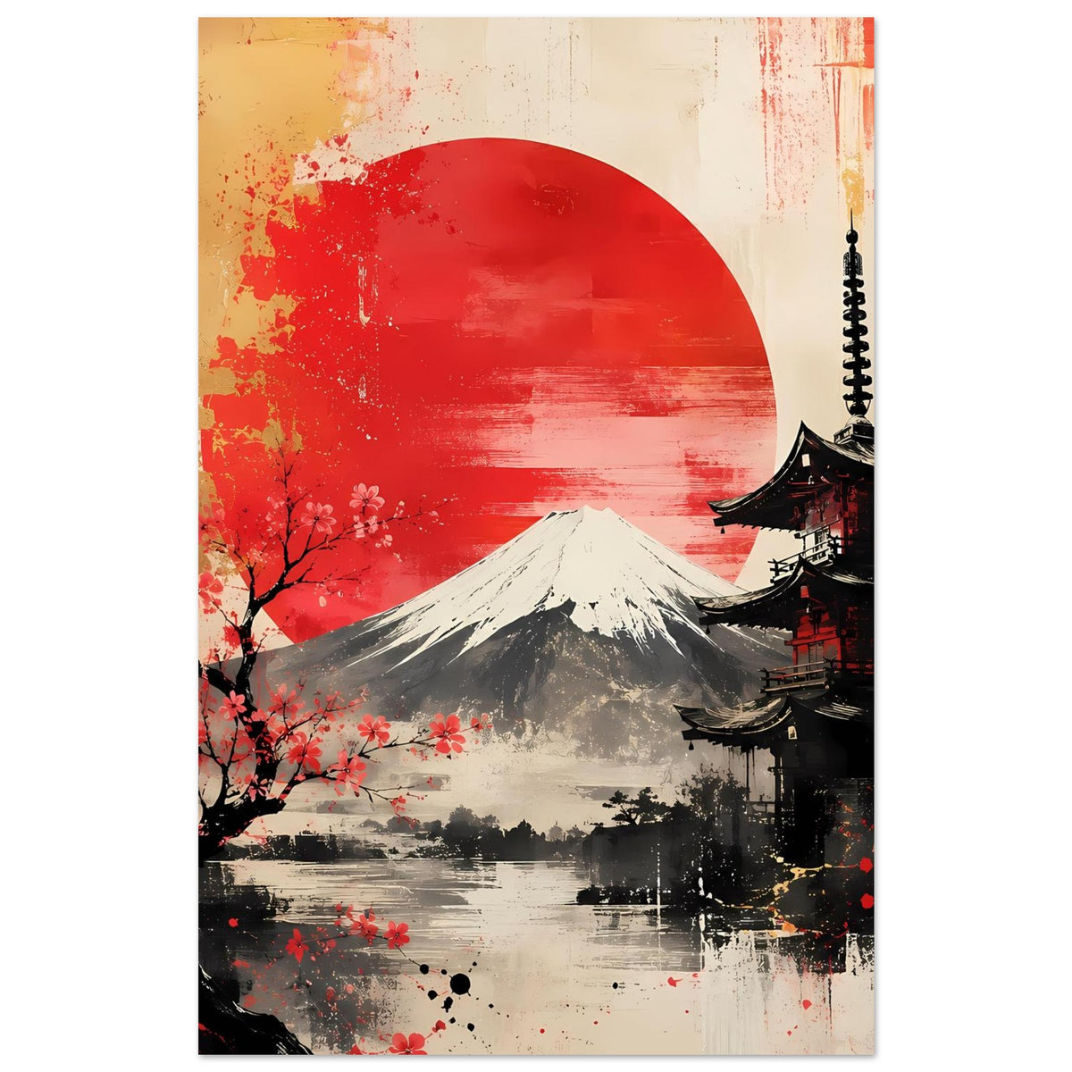 Poster: Mount Fuji unter rotem Sonnenkreis, Pagode rechts, Kirschblüten und kontrastreiche Farbflächen