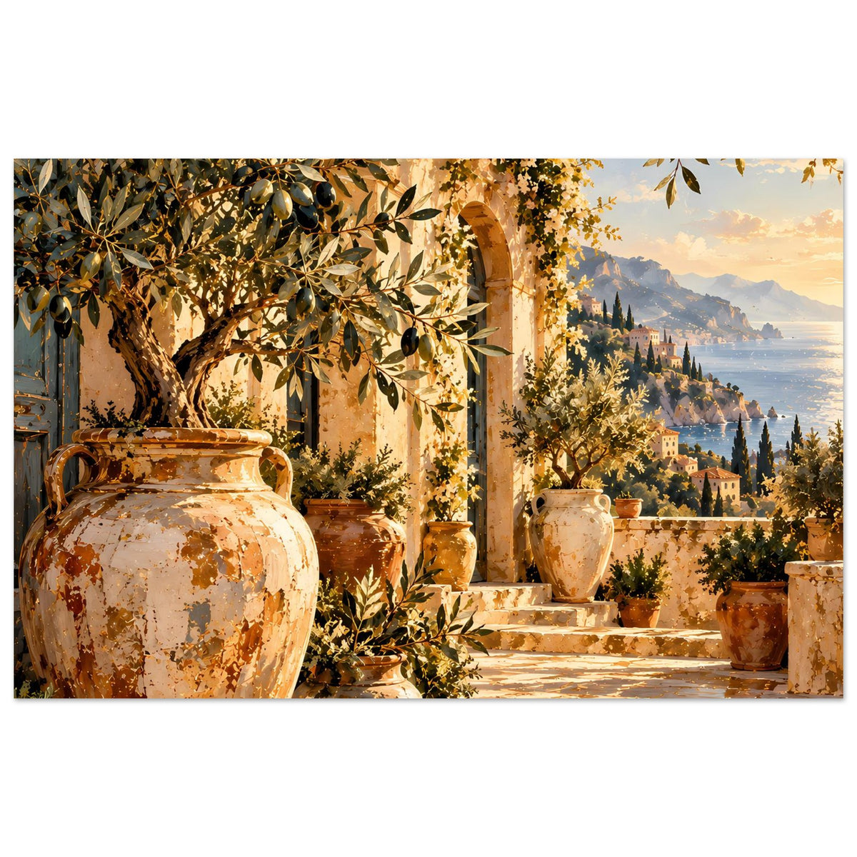 Terrassen-Poster mit Olivenbaum, Keramikvasen und Landschaft mit Häusern im Tal