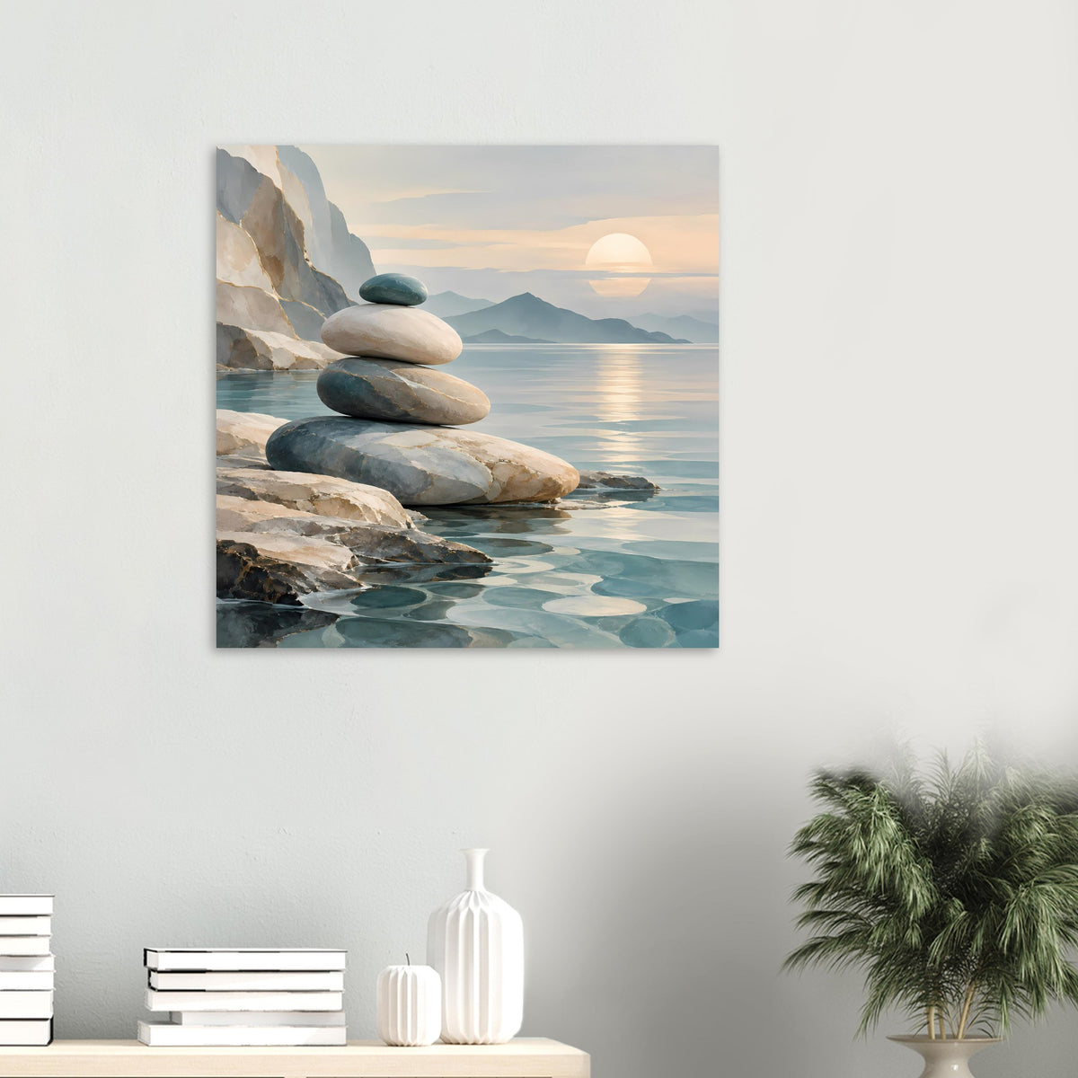 Quadratisches Poster mit Steinstapel am Strand, ruhiges Wasser und warme Sonne