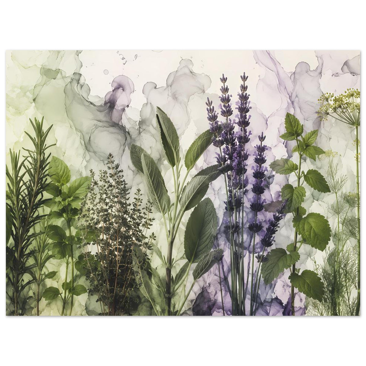 Botanisches Poster mit Lavendelähren, grünen Blättern und Gräsern, hochformatig