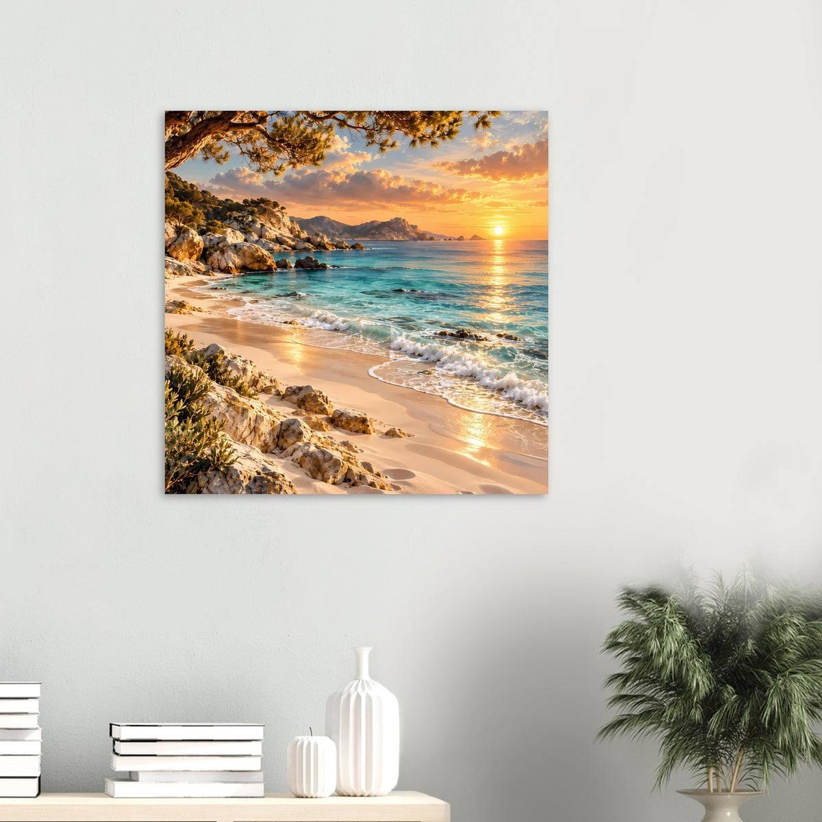 Kleines Querformat-Strandposter mit Strandlinie, Wellen und warmem Sonnenuntergang