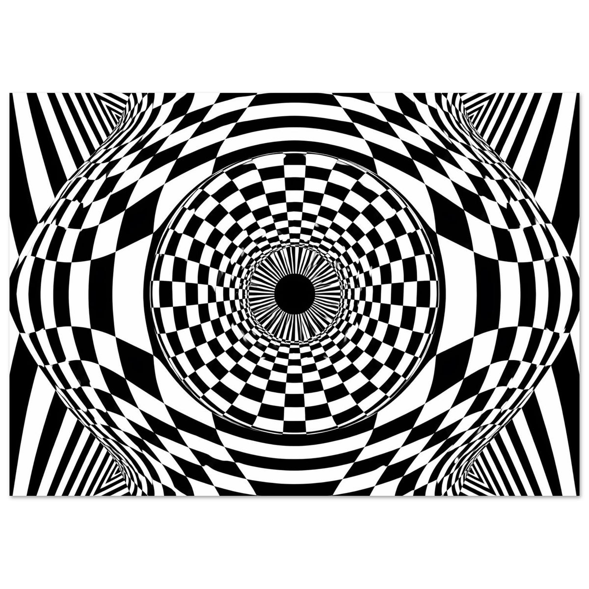 Horizontales Poster mit hypnotischem Schwarz-Weiß-Schachbrett-Motiv und kreisförmiger Spirale