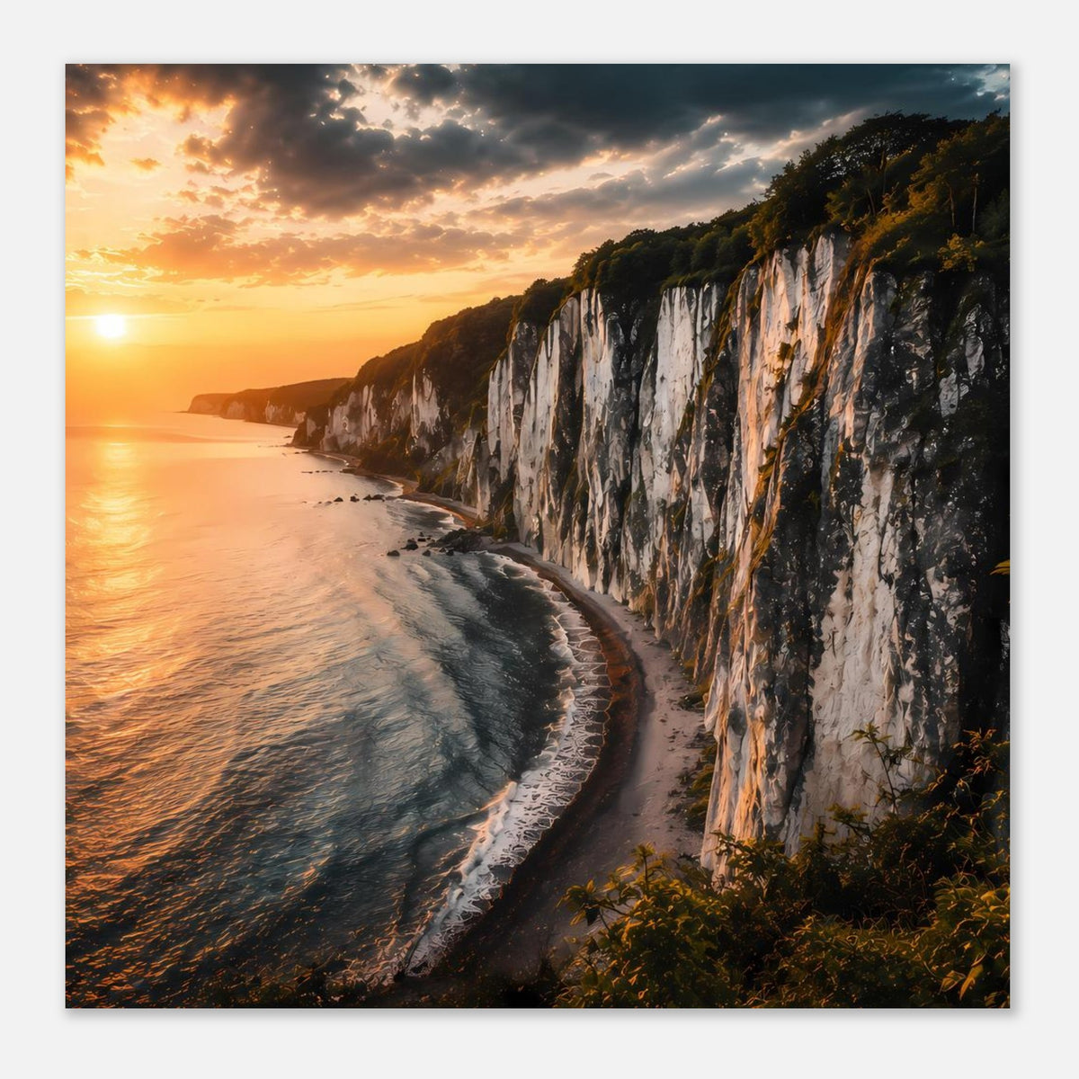Poster mit Küstenlinie entlang der Steilküste, Wellen und Abendlicht