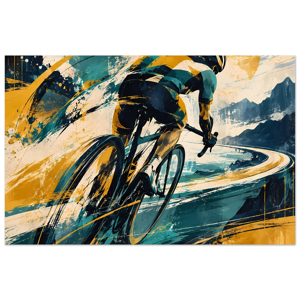 Sportposter im Querformat mit Radfahrer auf abstrakter Kurvenstraße, Blau und Gelb