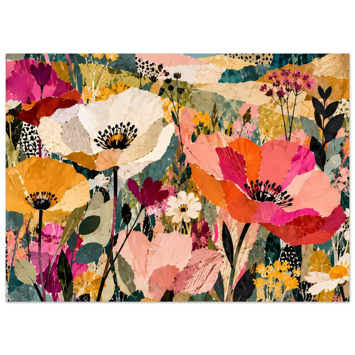 Blumen-Kollage-Poster im Querformat, detailreich mit Blüten und mehrfarbigen Flächen