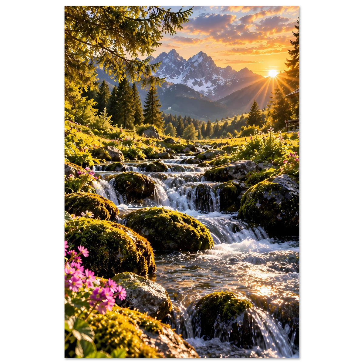 Poster mit Berglandschaft, Wasserfall und Fluss im warmen Sonnenuntergangslicht