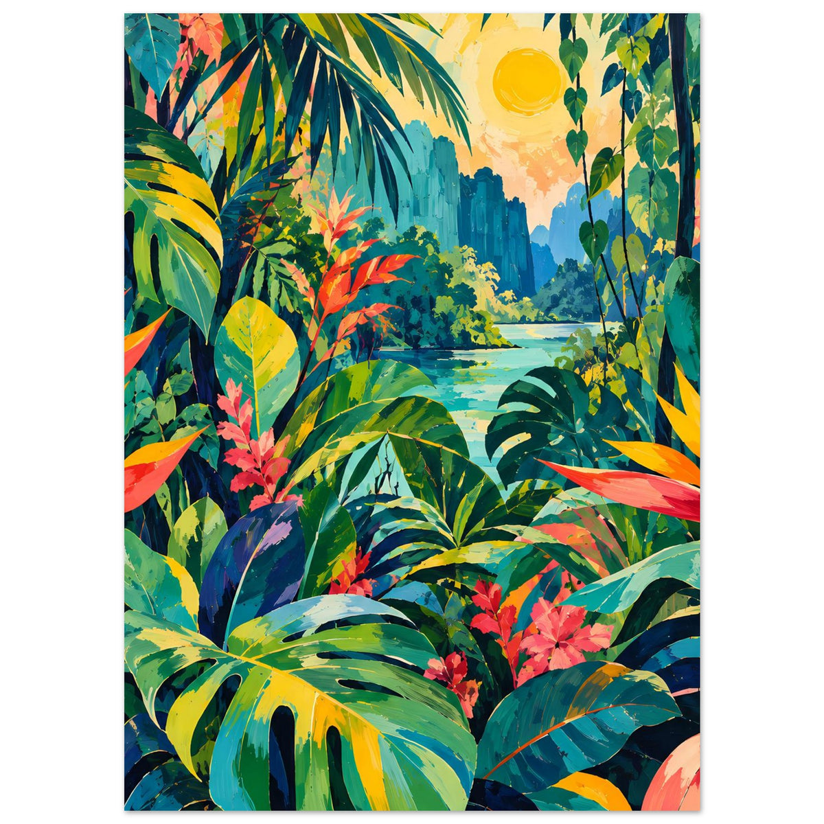 Vertikales Tropen-Jungle-Poster, Nahansicht der bunten Blätter, Sonne im Hintergrund