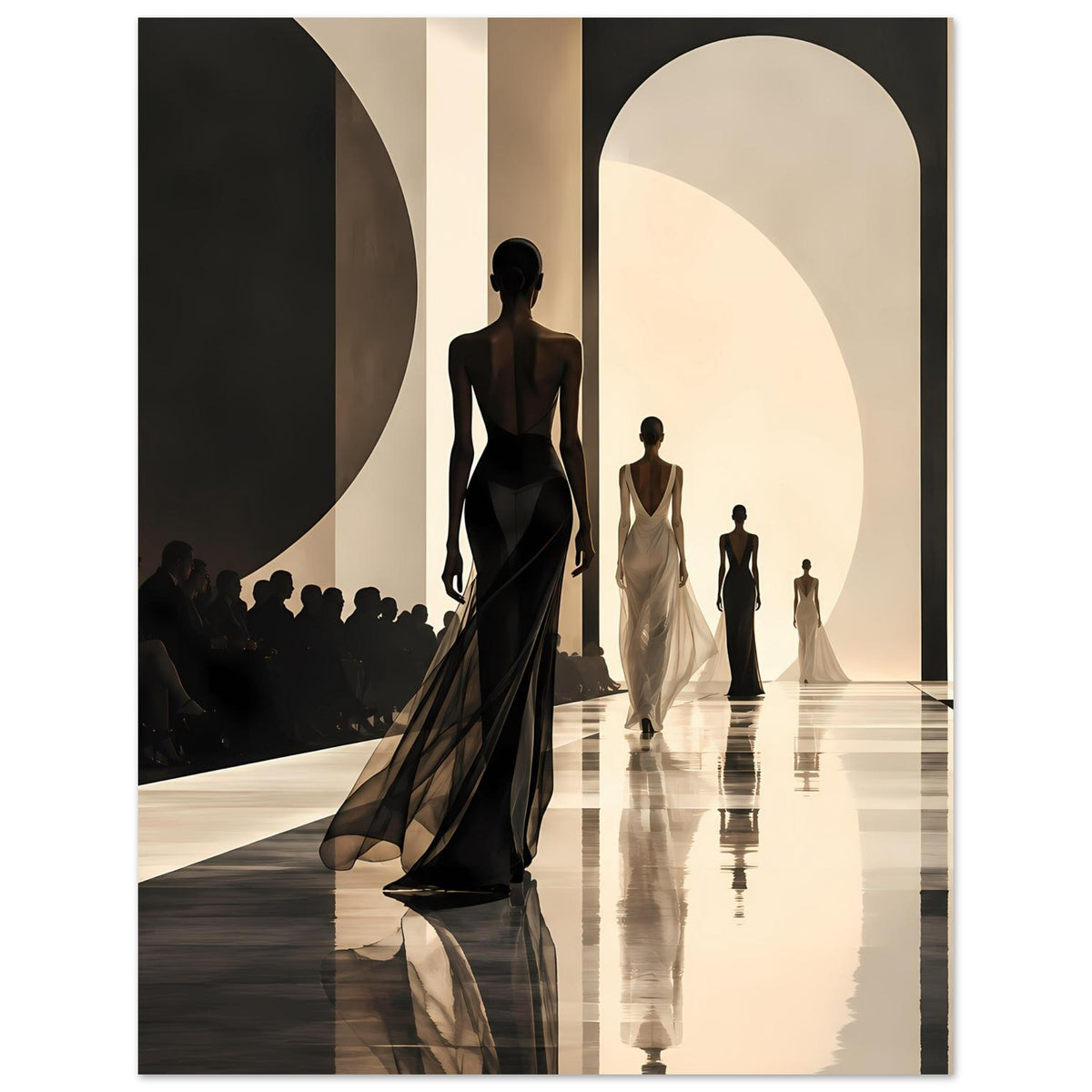 Wandposter mit eleganter Laufstegszene: mehrere Models in Schwarz und Creme, lange Gewänder