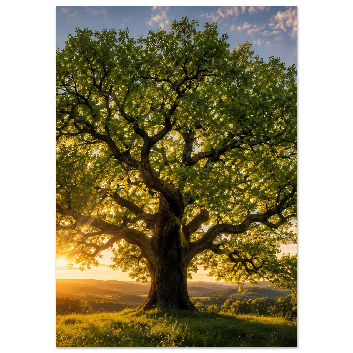 Baum-Poster im Hochformat: dicker Stamm mit Ästen, grünes Blätterdach bei Sonnenaufgang