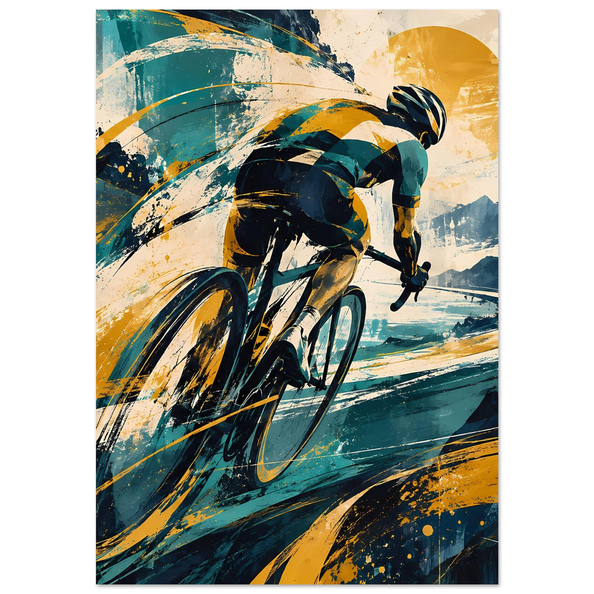 Sportposter mit Radrennfahrer, dynamische Pinseloptik in Blau, Gelb und Dunkelgrün