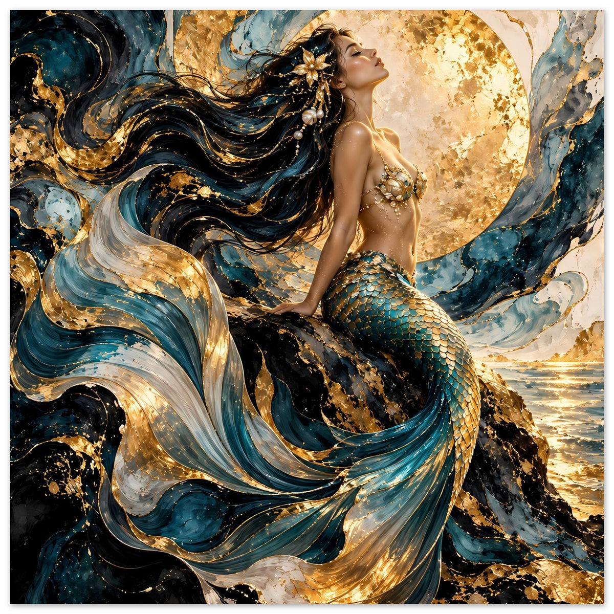 Meerjungfrauen-Poster in Türkis und Gold: Figur mit wehenden Haaren und goldenem Kreis