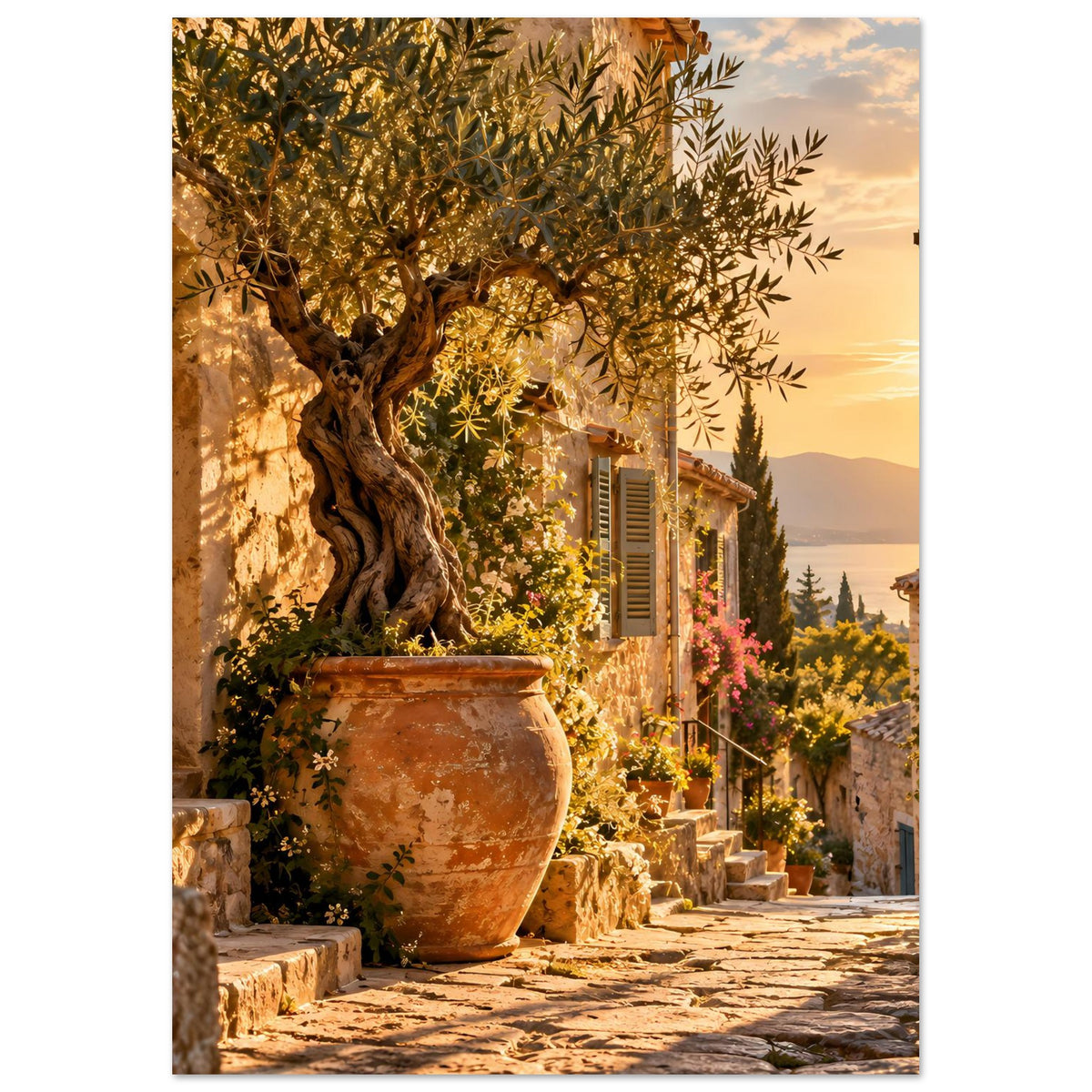 Poster mit Olivenbaum, Tongefäß und Blüten entlang einer schmalen Gasse, im Sonnenuntergang