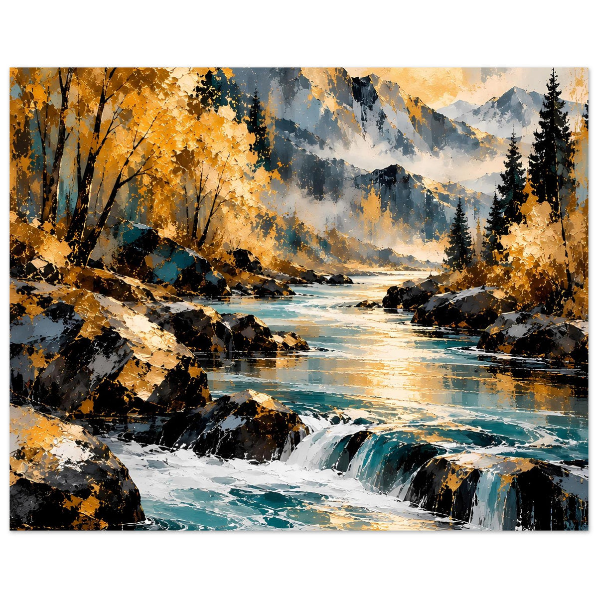 Herbstlandschaft-Poster im Panoramaformat: Wasserfall, Flussufer, goldene Blätter