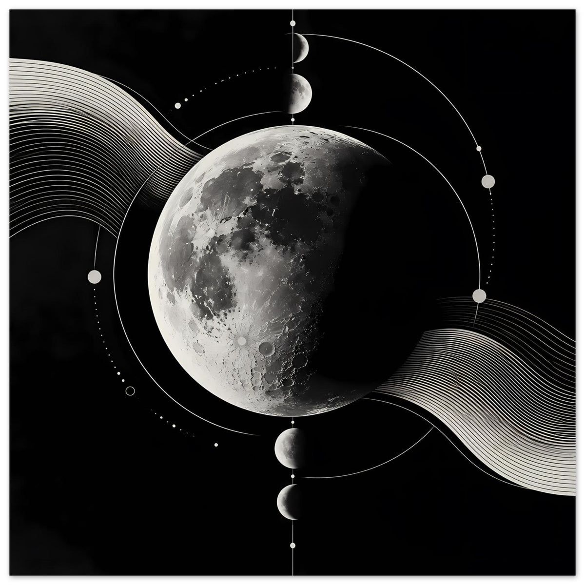 Querformat-Poster mit Mondmotiv: großer silberner Mond, Kreisbögen, Punkte und Wellenlinien