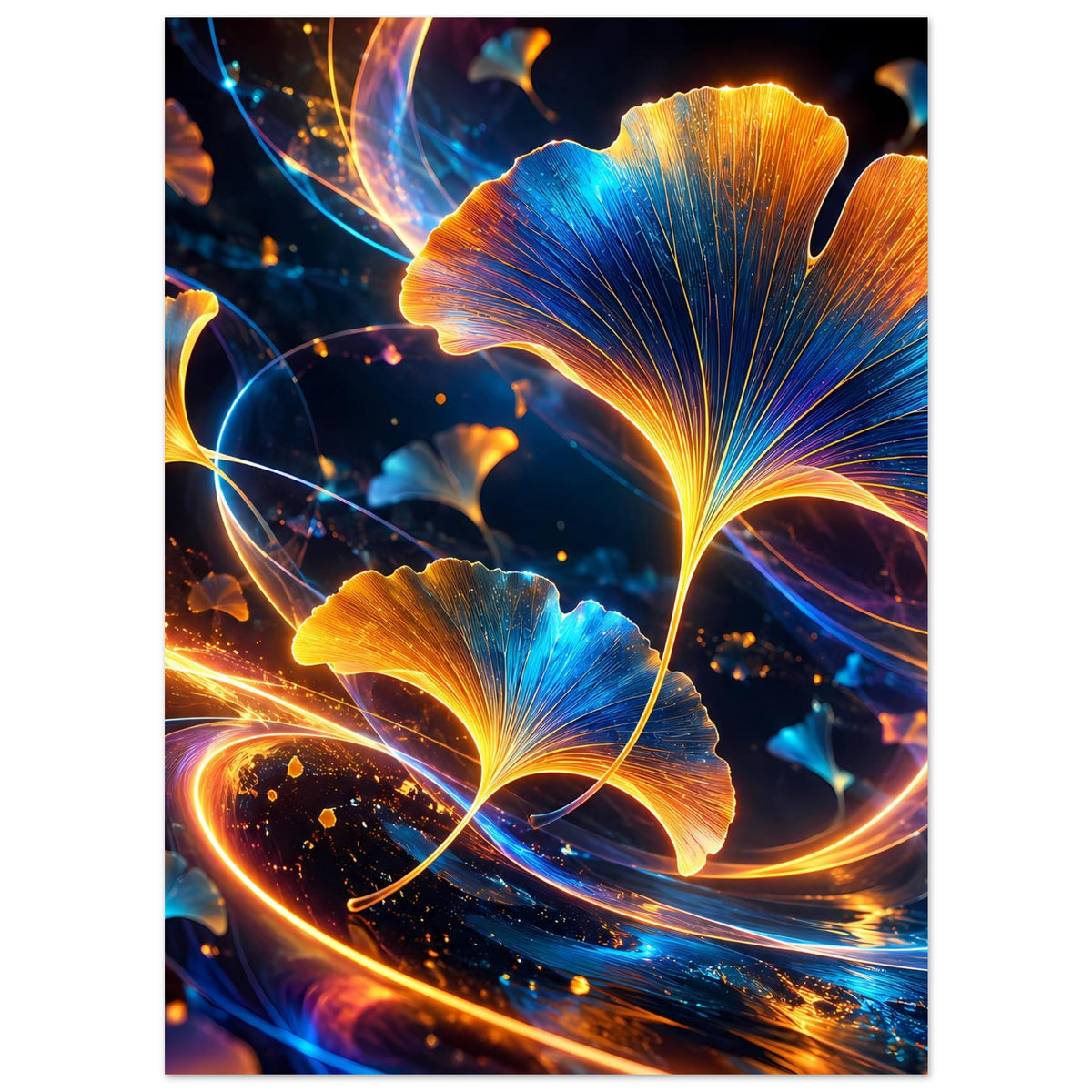 Botanisches Poster mit Ginkgo-Blättern in Blau und Gold, umrandet von orangefarbenen Lichtbögen