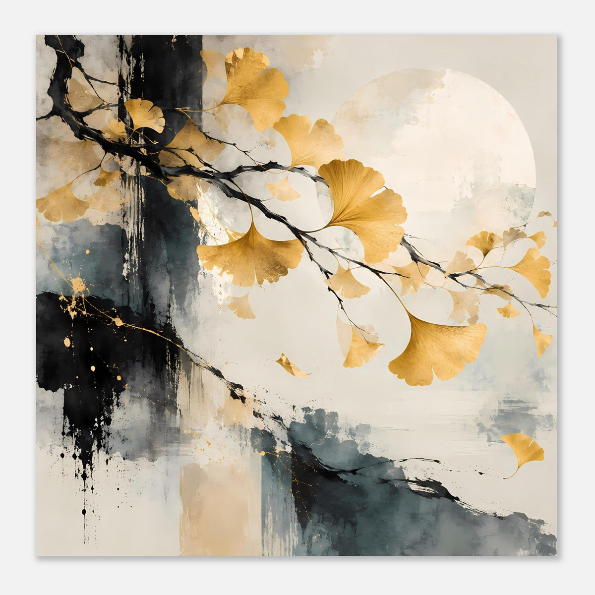 Kunst-Poster mit goldenen Ginkgo-Blättern, schwarzen Ästen und runder heller Fläche im Hintergrund