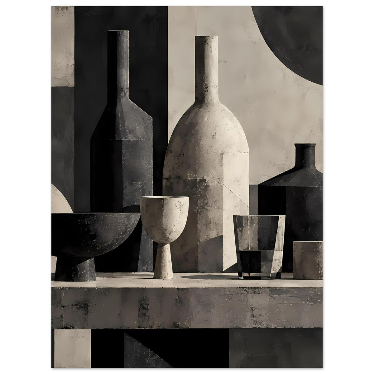 Still-Life-Poster Hochformat mit abstrakten Vasenformen in Schwarz/Beige auf Konsole
