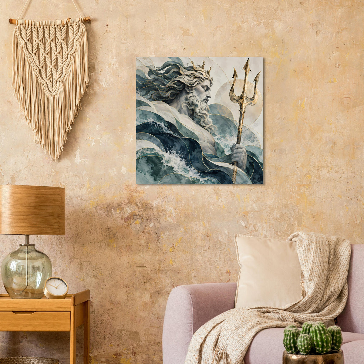 Quadratisches Wandkunst-Poster mit Poseidonfigur, türkisblauen Wellen und goldenem Dreizack