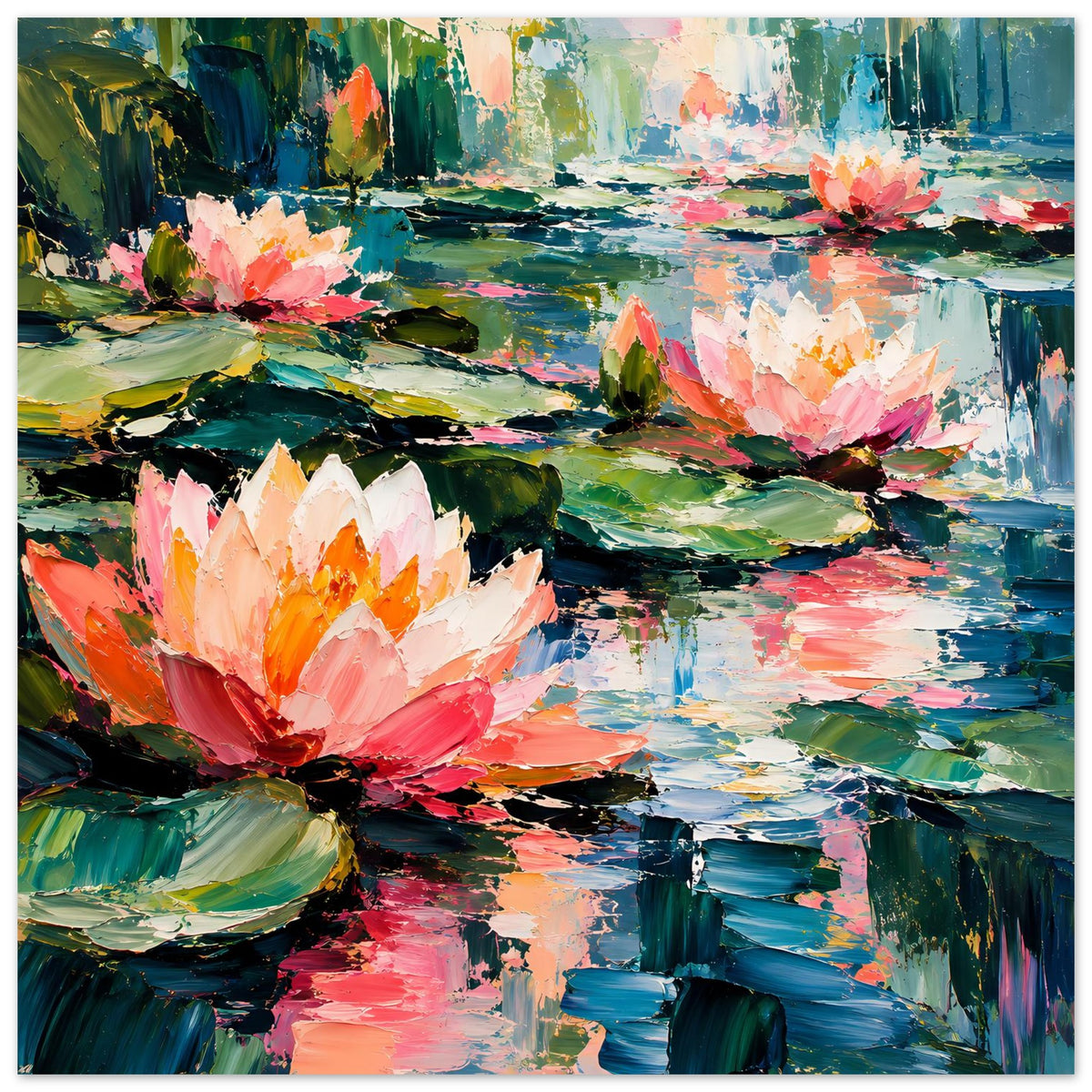 Impressionistisches Seerosen-Poster Hochformat: pinke und weiße Blüten mit farbigem Wasserspiegel