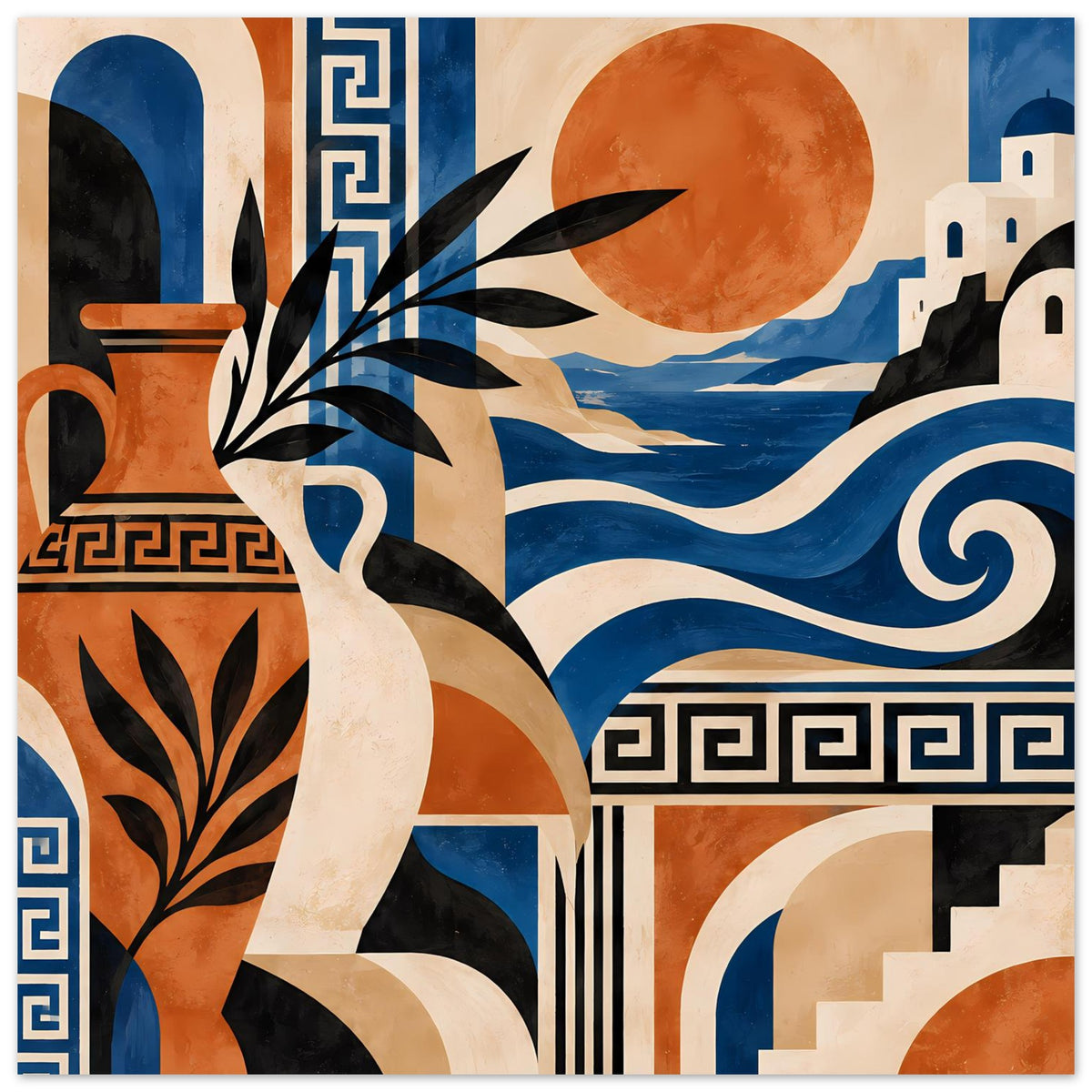 Mediterraner Kunstposter im Hochformat mit Sonne, Wellen, Gebäudesilhouetten und griechischem Schlüssel