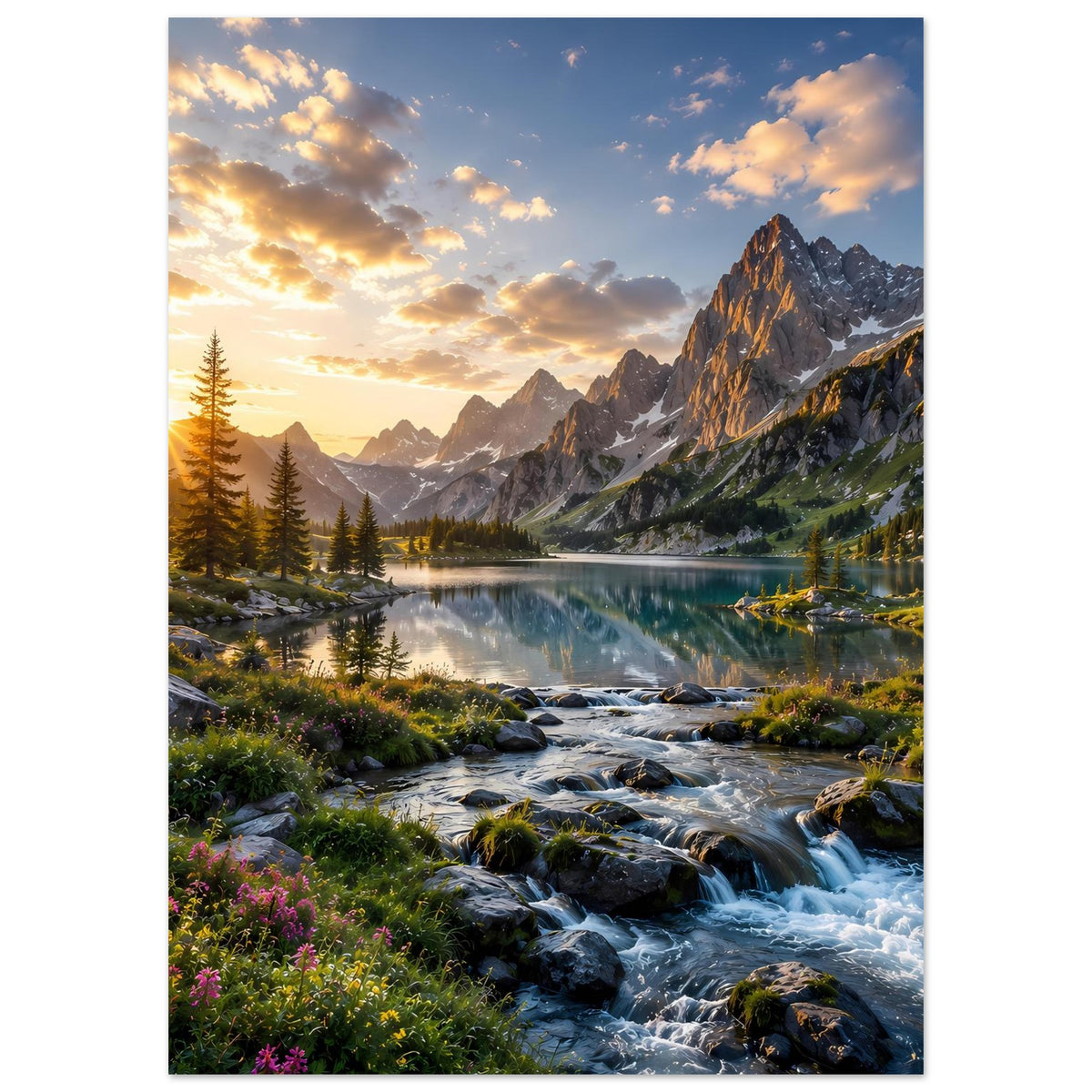 Landschafts-Poster mit Sonnenaufgang, Fichtenwald und Wasserlauf im Tal