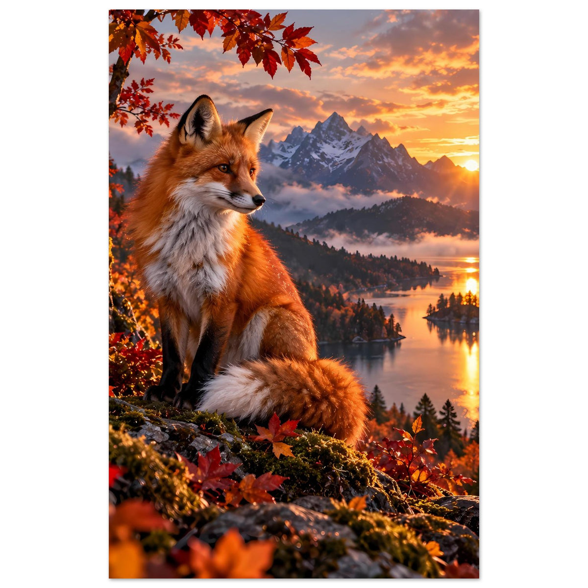 Herbst-Wildnisposter mit rotem Fuchs im Vordergrund, Himmel mit warmem Sonnenlicht
