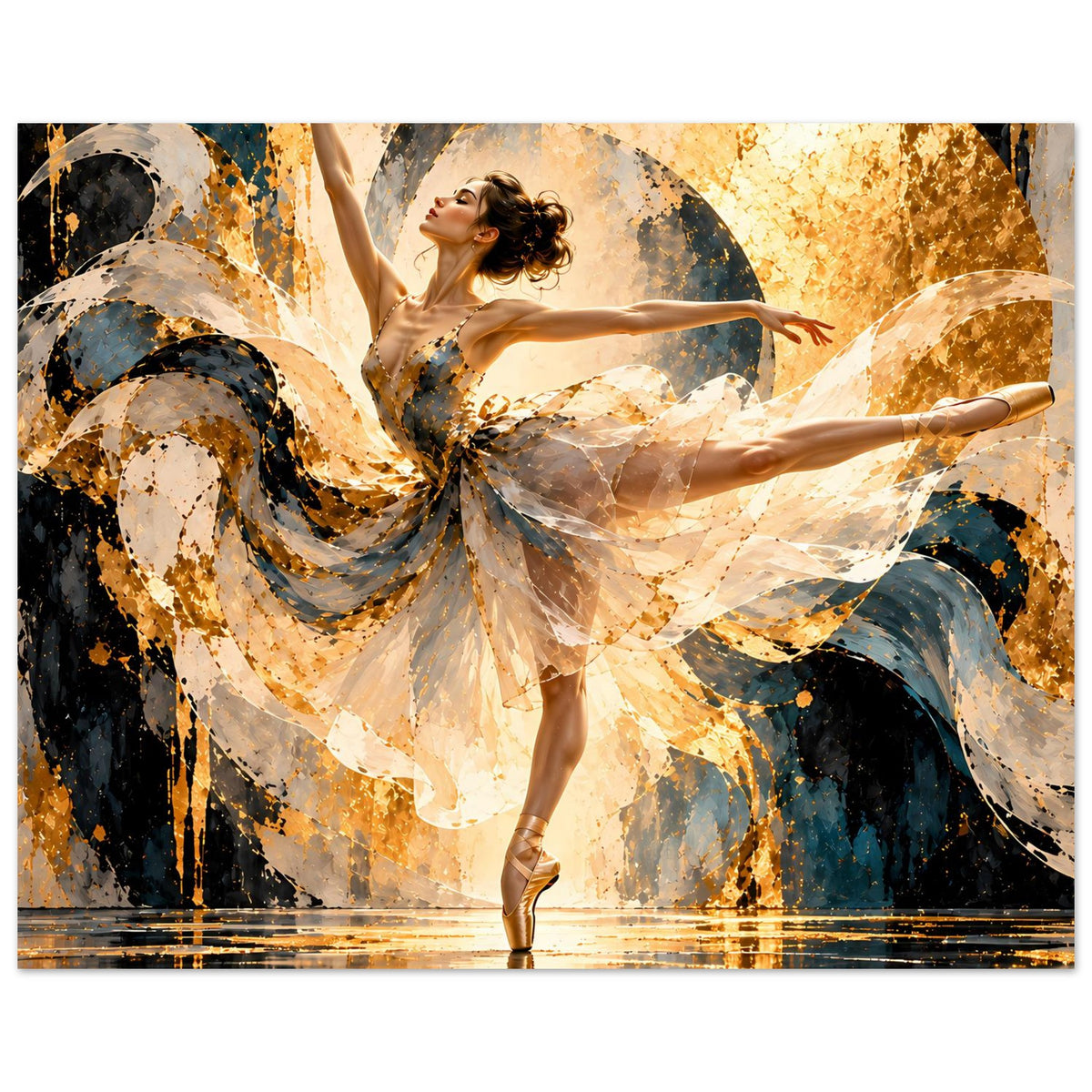 Ballett-Tanzposter mit Balletttänzerin in beigem Tutu, Arme in hoher Linie, abstrakte Kreise