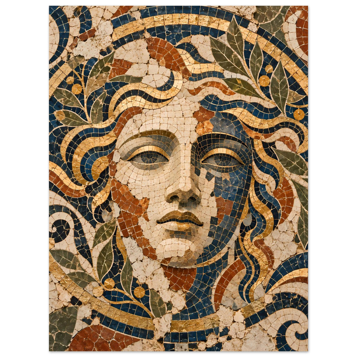 Posteransicht mit Mosaikporträt der Göttin; florale Ornamente und Spiralen am Rand