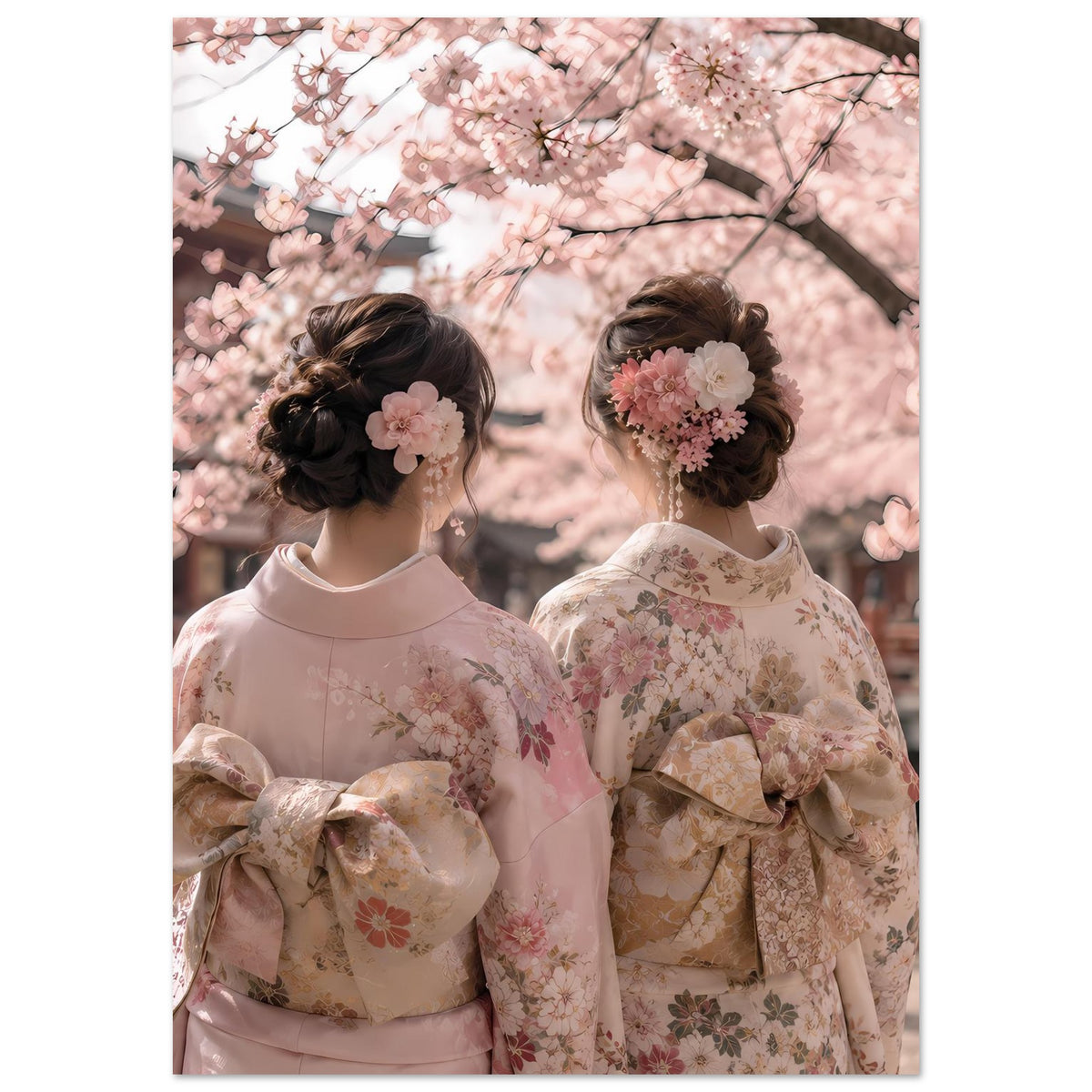 Poster mit Kimono-Motiv, zwei Personen in Pastellfarben mit Kirschblüten, engerer Bildausschnitt
