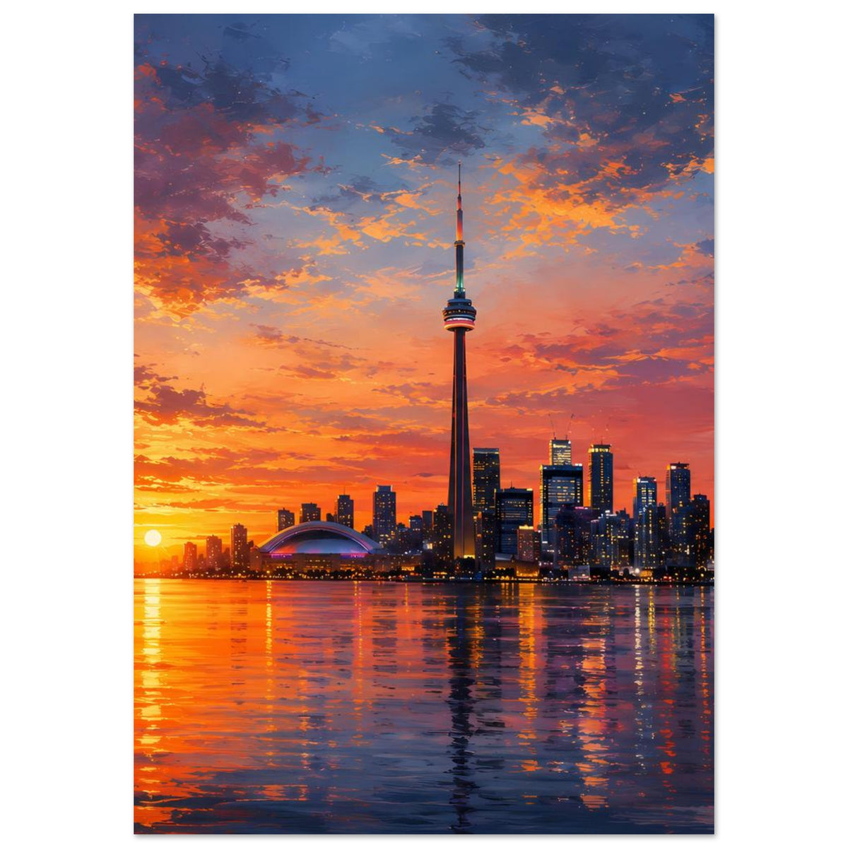 Vertikales Poster: Skyline bei Abendsonne, Fernsehturm über dem Wasser und Reflexionen