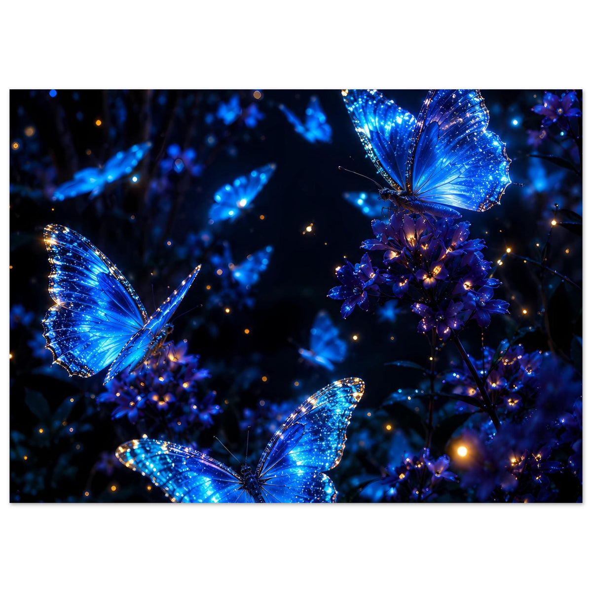 Leuchtendes Schmetterlingsposter mit vier blauen Schmetterlingen und funkelnden Lichtpunkten