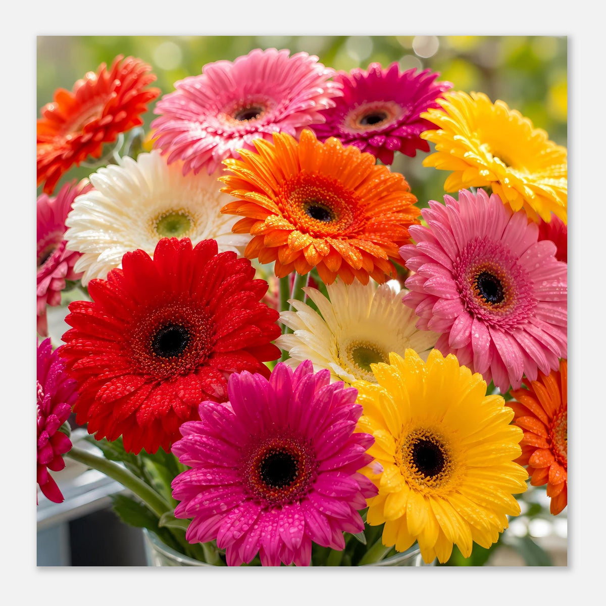 Gerbera-Blumenposter mit gelben, orangefarbenen, roten, pinken und weißen Blüten