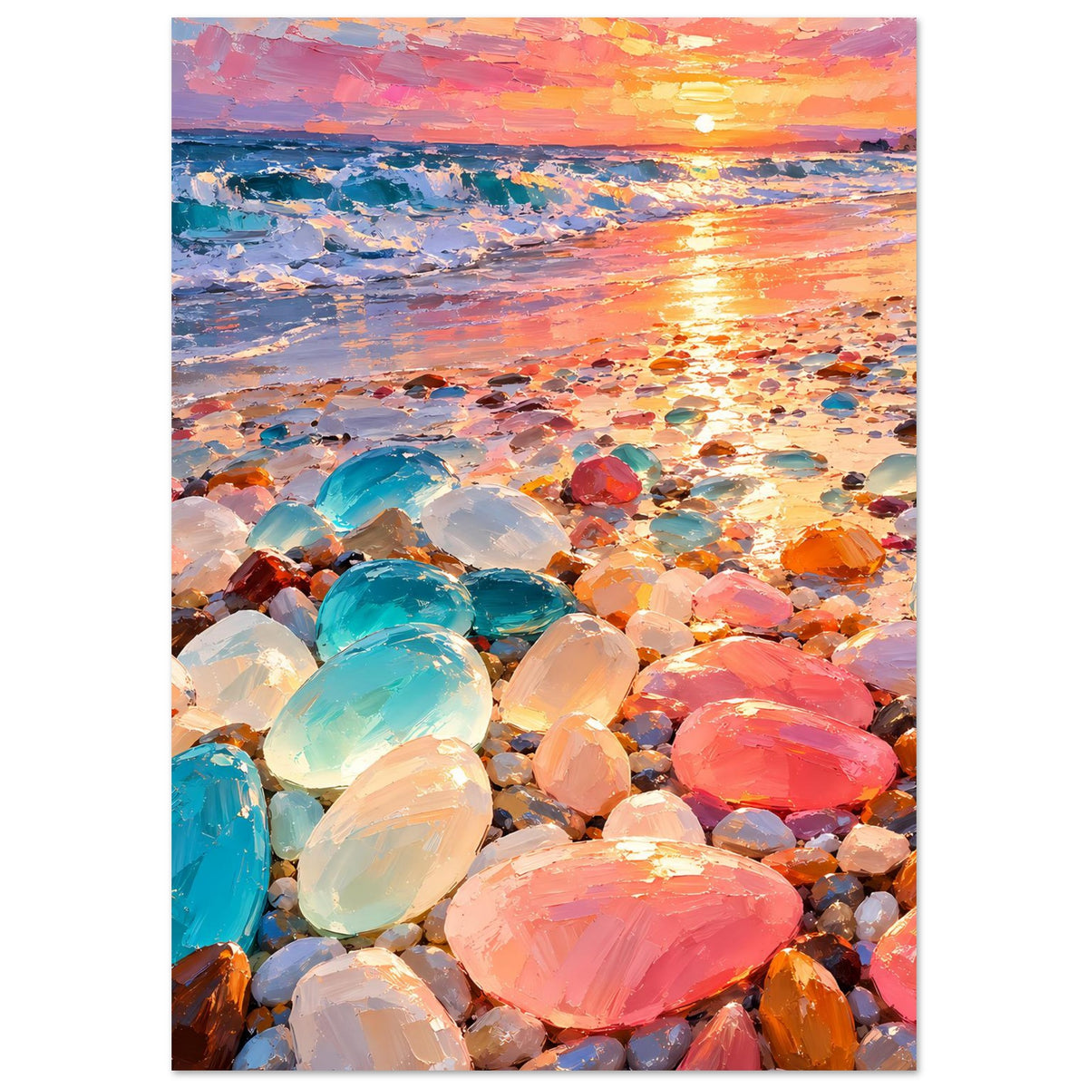 Wandposter (hochkant) mit Sonnenuntergang, Strandkieseln und bunten Reflexen auf Wasser