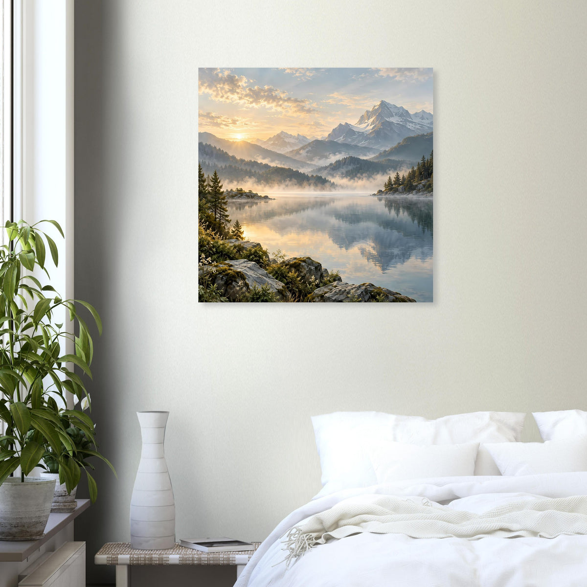 Landschaftsposter mit Sonnenaufgang über Bergsee, Nebel über dem Wasser und alpine Bergsilhouette