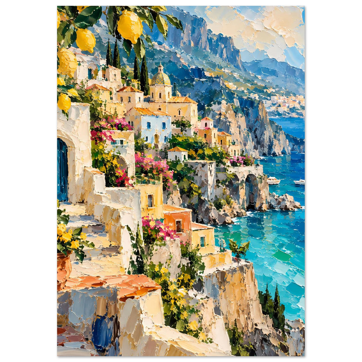 Vertikales Poster mit Küstenstadt, Blumen an Mauern, türkisblaues Meer und Felsen