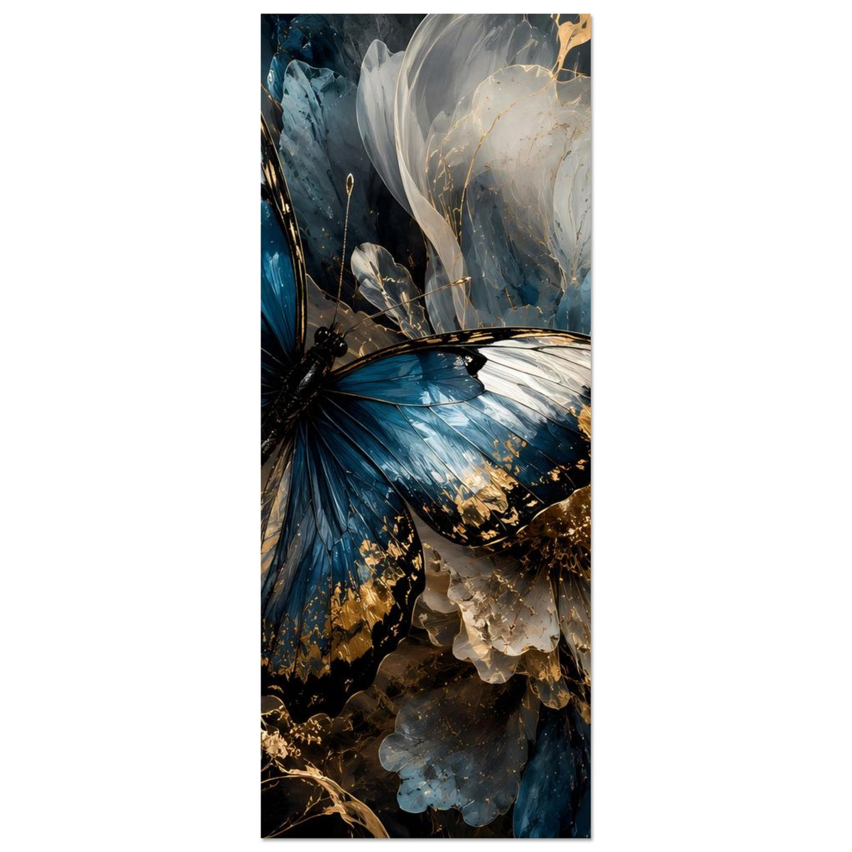 Vertikales Premium-Poster mit Schmetterling: blaue Flügel und weiße Federpartien, goldene Sprenkel