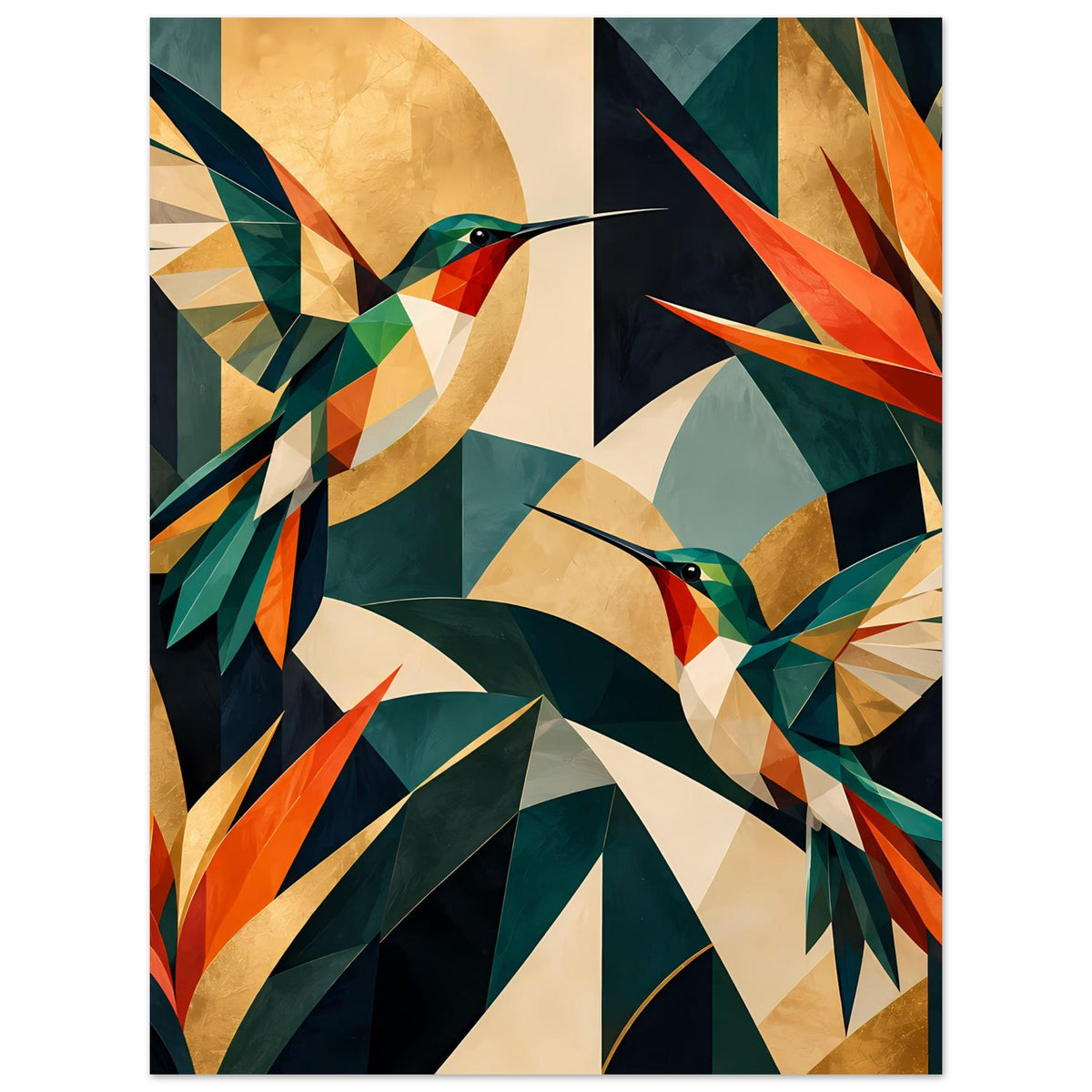 Wandposter mit geometrischen Kolibris, kräftige Juwel-Töne und kühle Grüntöne, vertikal