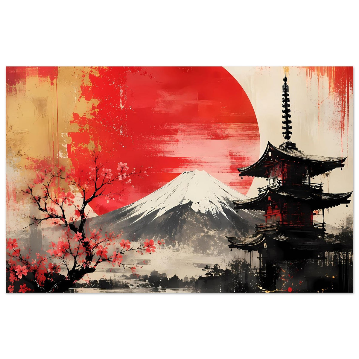 Querformat-Poster: Fuji mit roter Sonne, Pagode rechts, Kirschblüten links