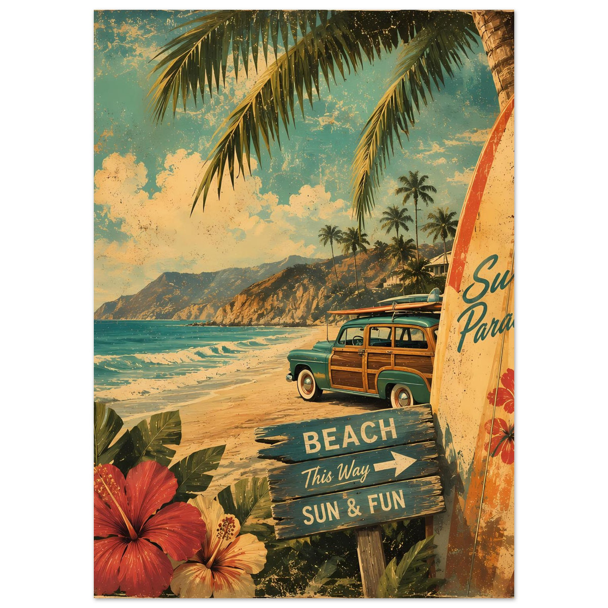 Vintage Strandposter mit Surfbrett, grüner Karosse, Palmen und „BEACH“ auf dem Schild.