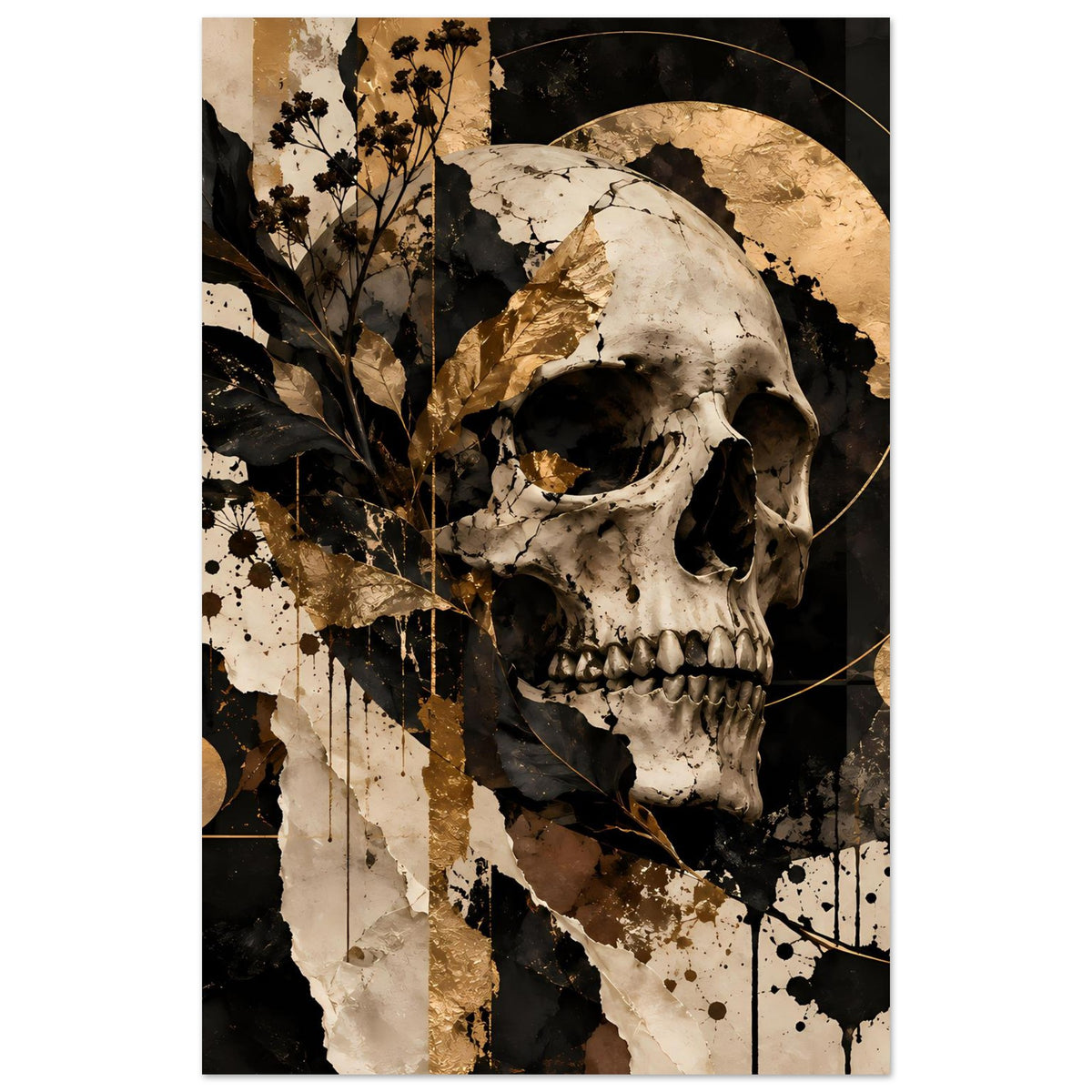 Gotisches Totenschädel-Kunstposter: Totenkopf in Schwarz-Gold mit goldenen Kreislinien