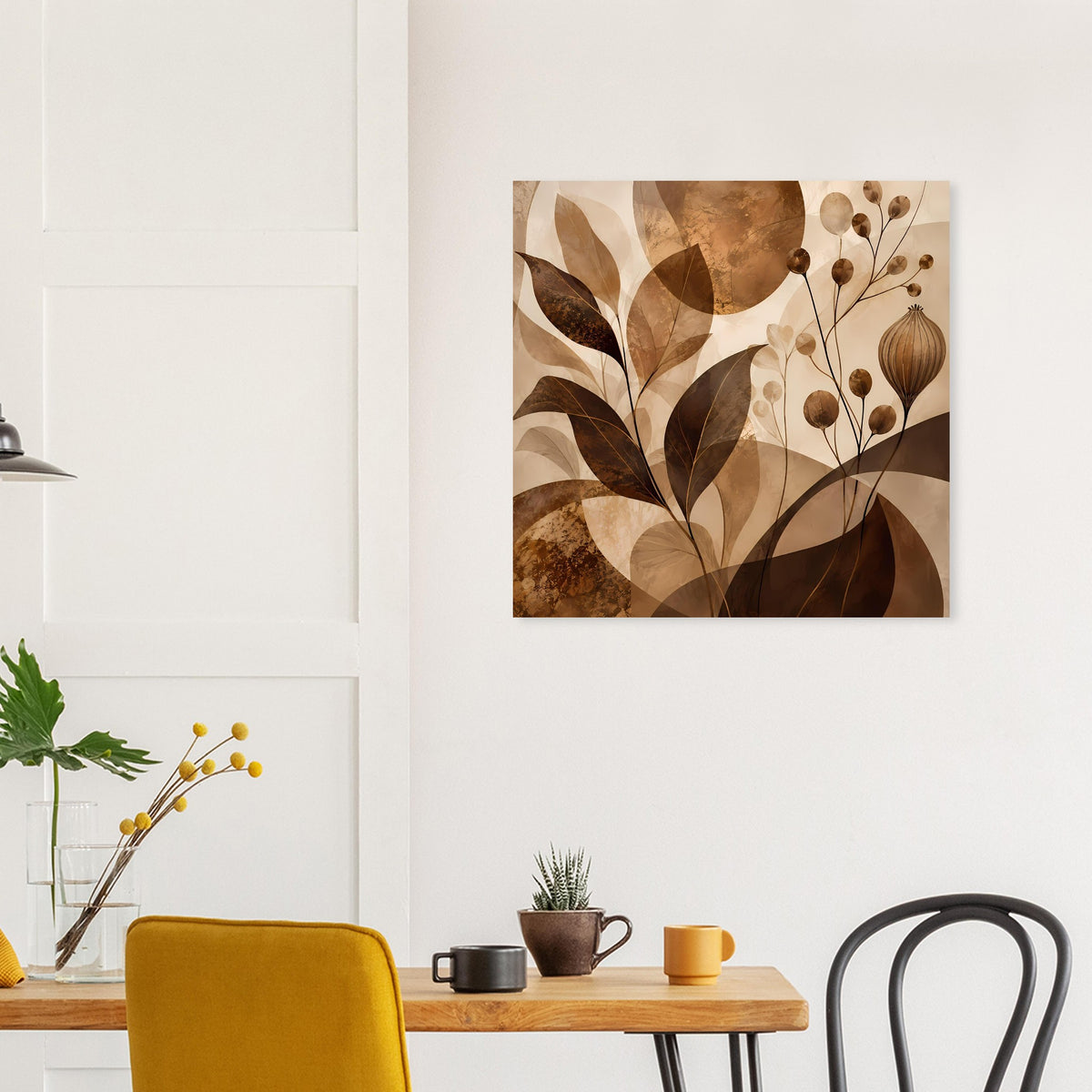 Wandbild-Poster mit abstrakten Blättern und Blüten in warmen Braun- und Beigetönen